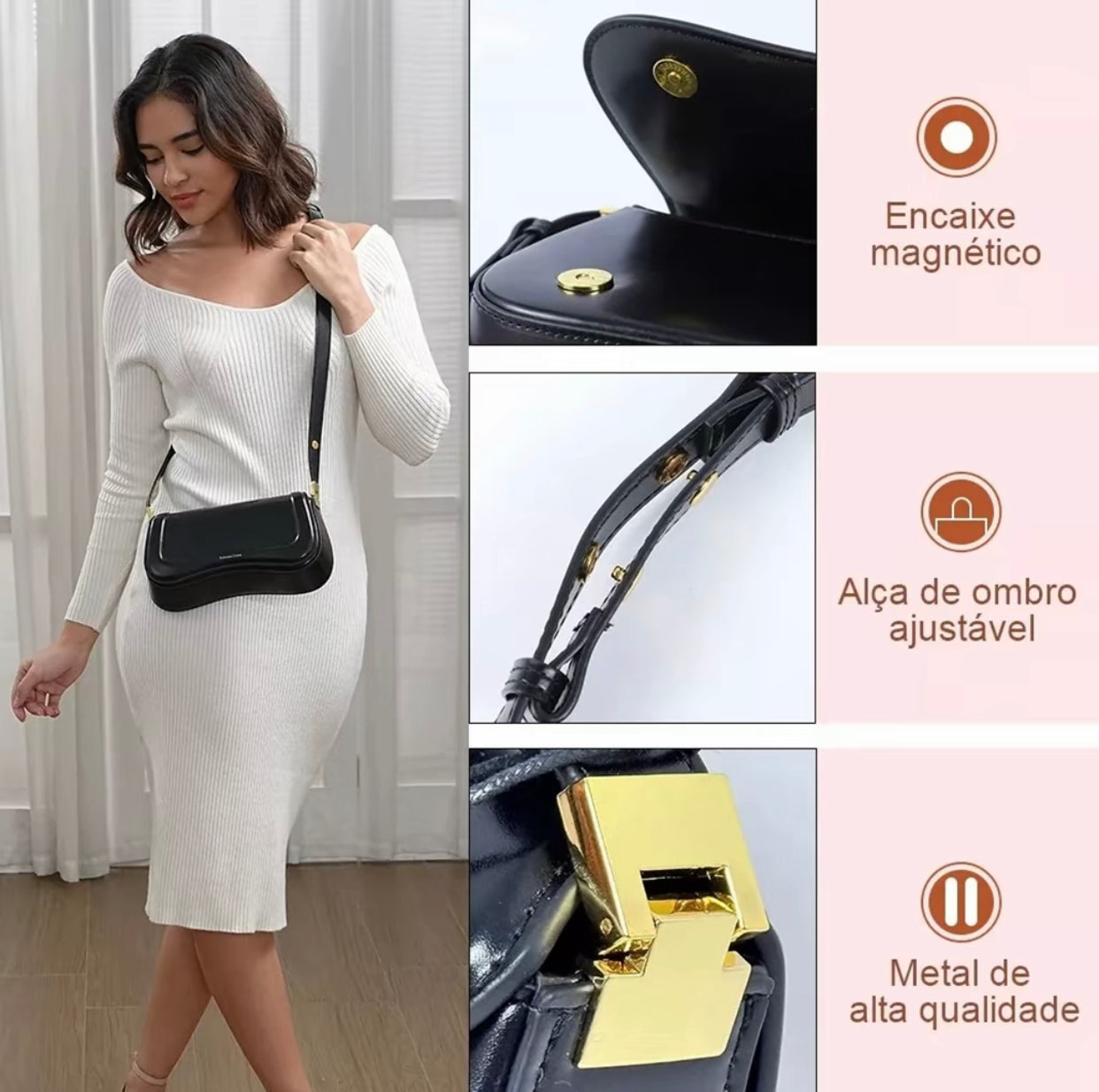 BOLSA TIRACOLO Feminina Elegante - Couro Preto om Alça Ajustável (ROMANTIC CROWN)