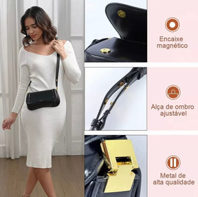BOLSA TIRACOLO Feminina Elegante - Couro Preto om Alça Ajustável (ROMANTIC CROWN)