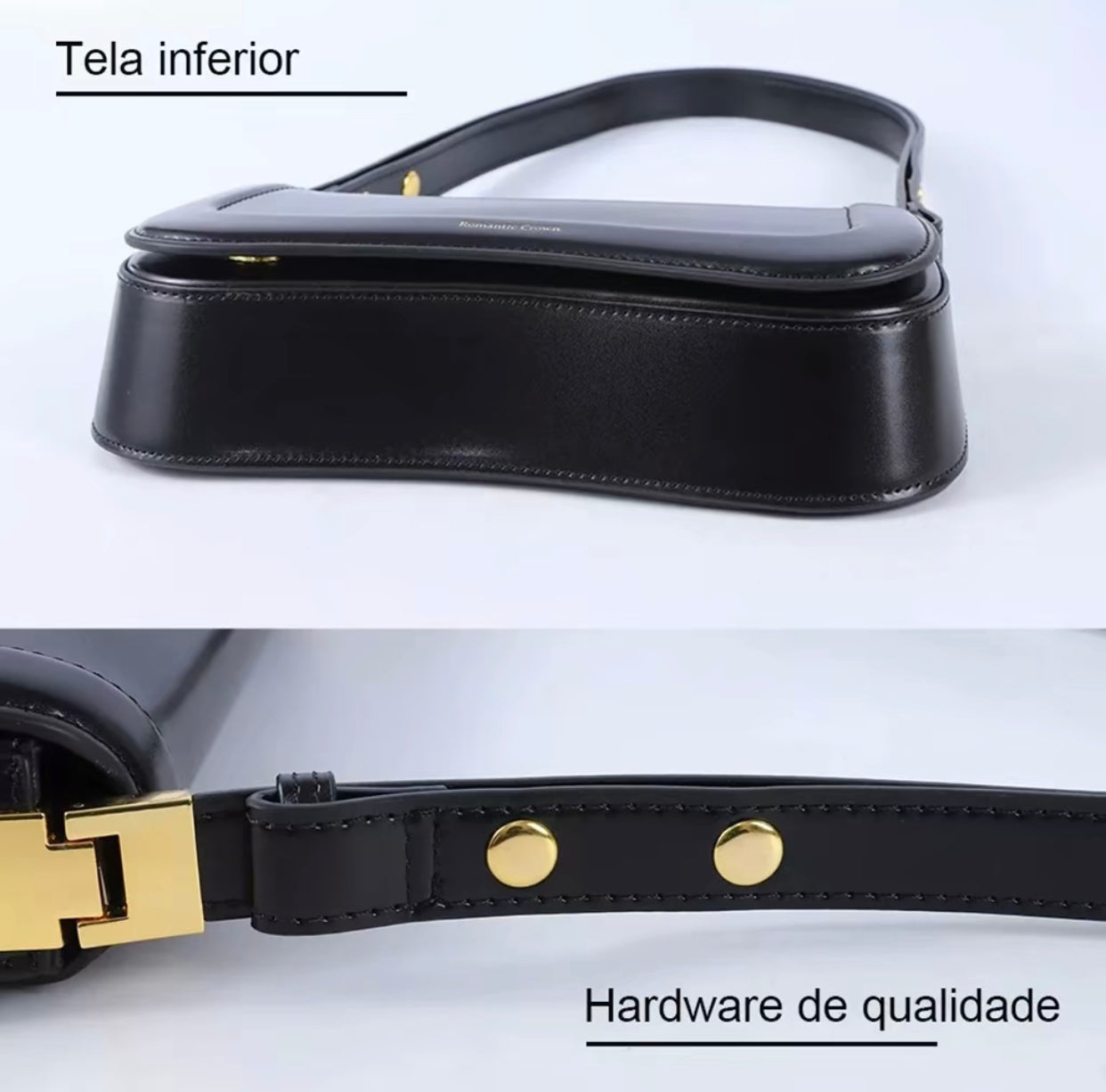 BOLSA TIRACOLO Feminina Elegante - Couro Preto om Alça Ajustável (ROMANTIC CROWN)
